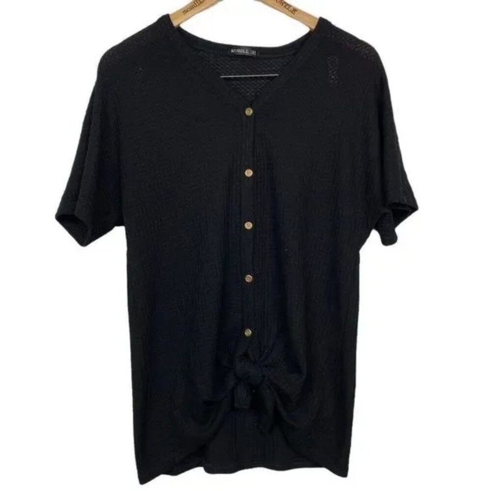 MIHOLL WOMEN'S BLACK BUTTON DOWN TIE FRONT SHORT SLEEVE WAFFLE SHIRT MEDIUM-EUC